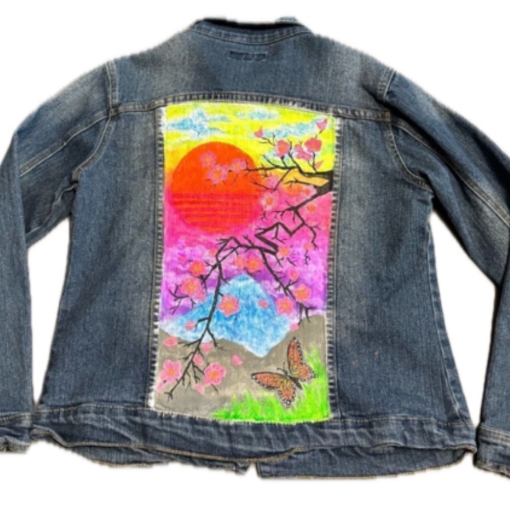 Hand-Painted Cherry Blossom Sunset Jean Jacket